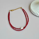 Dbl Red Pearl Anklet