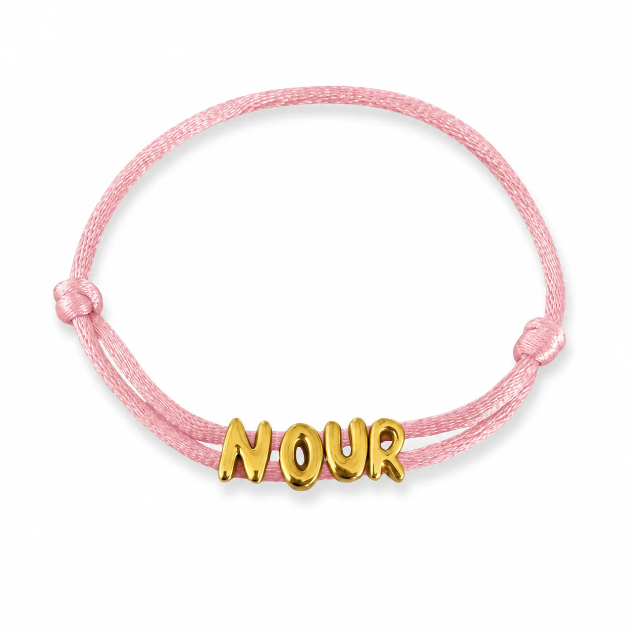 NOUR sliding name bracelet with Baby Pink satin cord on white