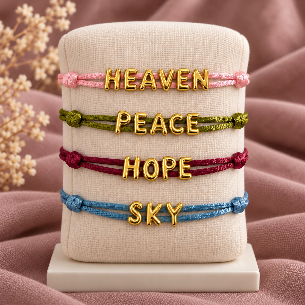 HEAVEN PEACE HOPE and SKY bracelets in four satin cord colours on a padded stand