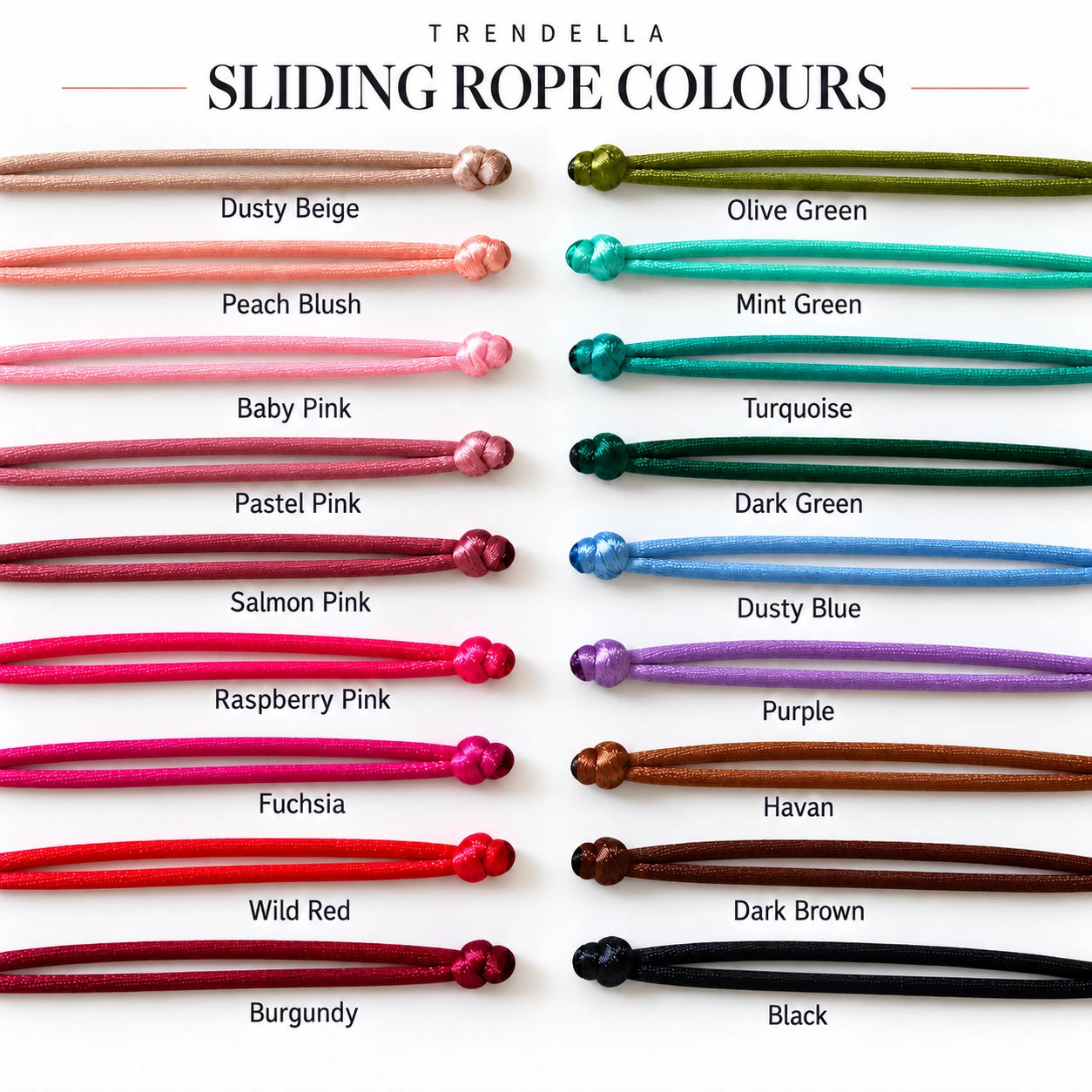 Trendella Sliding Rope Colours — eighteen colours with consistent satin cord design
