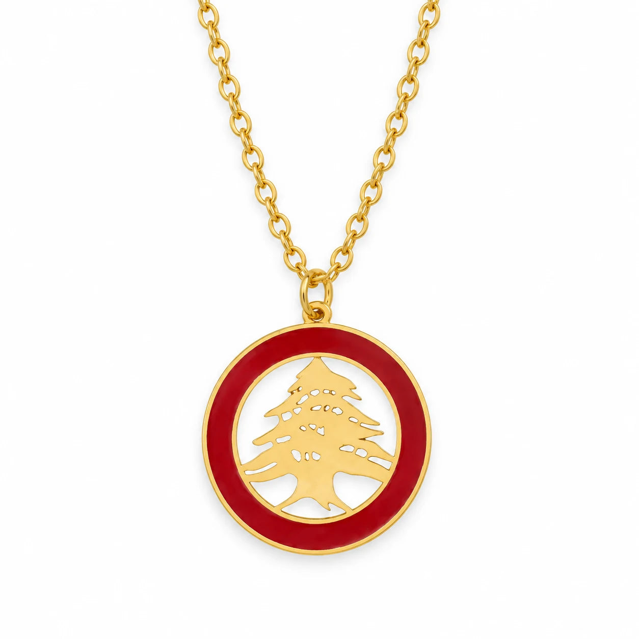 Arz Red Enamel Necklace — pendant on white with partial chain