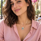 White Shaffe Coffee Cup Necklace — close-up while worn