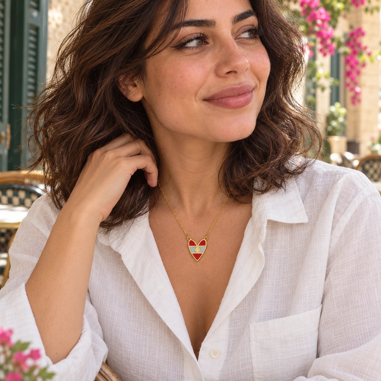 Heart Lebanese Flag Necklace — close-up while worn
