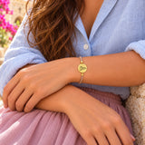 Our Lady of Lebanon Rope Bracelet in Dusty Beige, close-up with original engraving