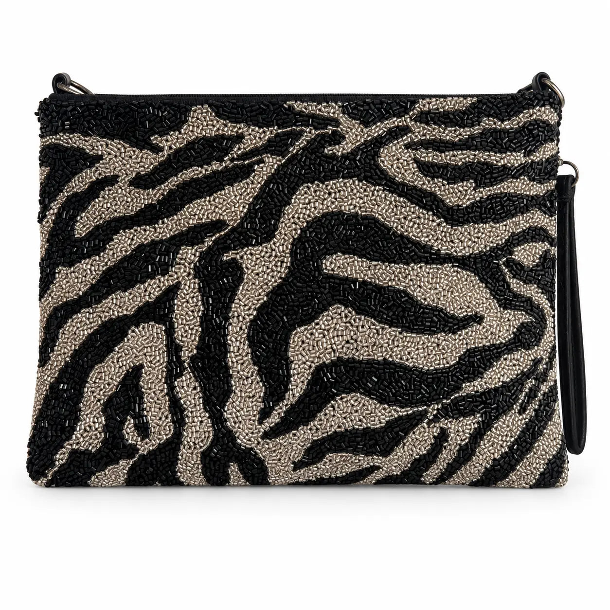 Zebra Beaded Clutch photographed on a white background