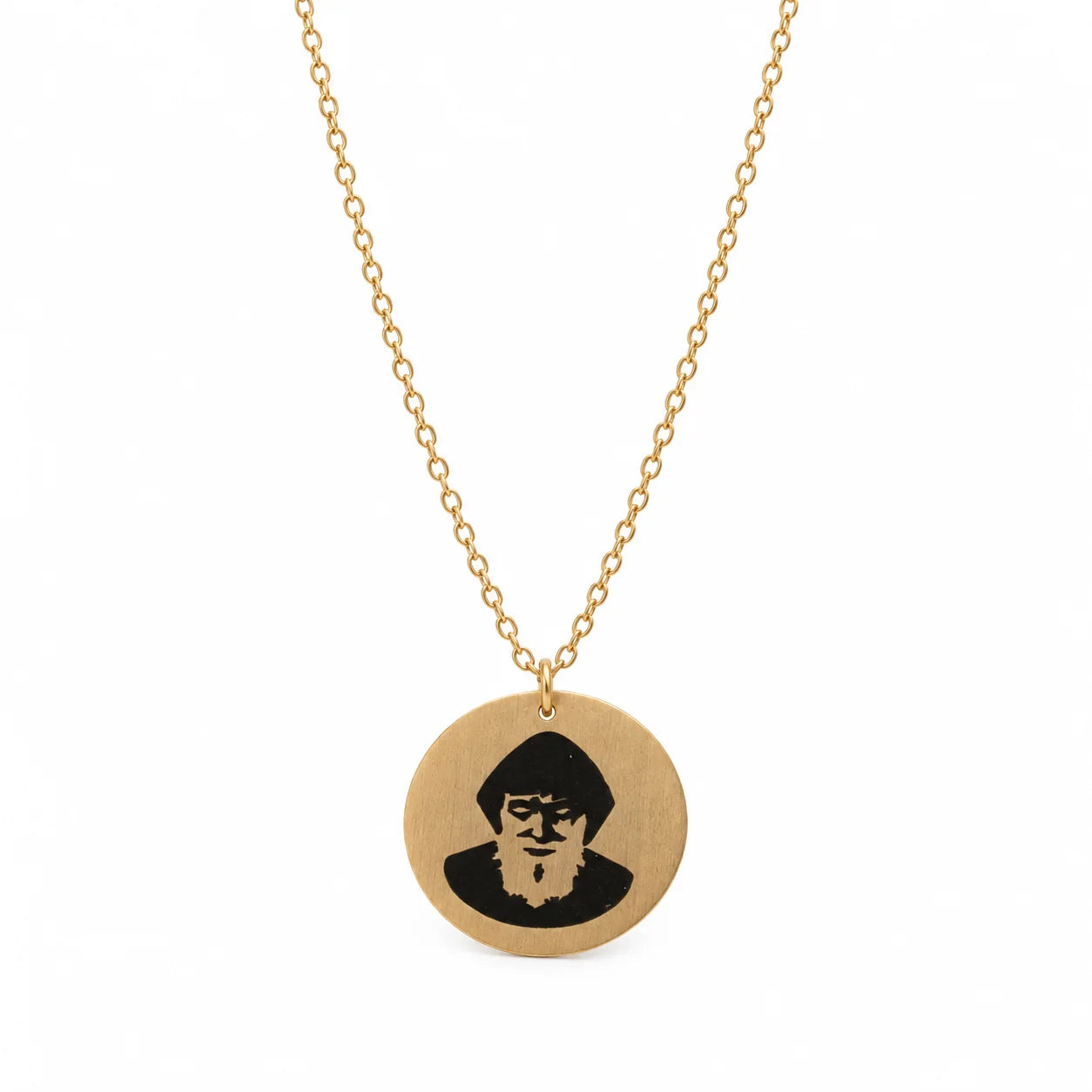 Gold-plated St. Charbel round pendant necklace on a white background.
