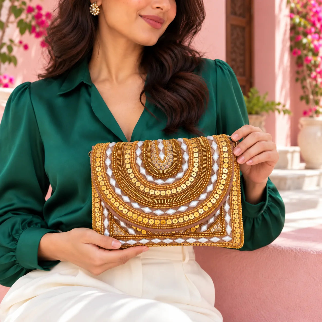 Ruby Beaded Clutch close-up with the same model, outfit and location