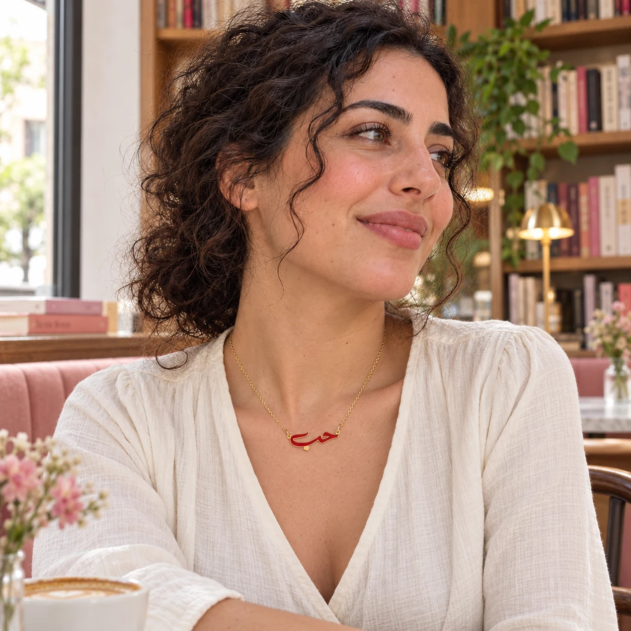Hob Arabic Love Enamel Necklace — worn in a natural lifestyle setting