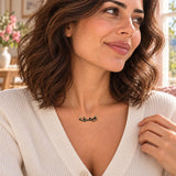 Arabic Mum Nickname Enamel Necklace — close-up with the same model, outfit and setting