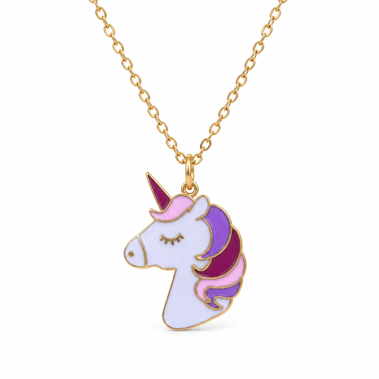 Unicorn Enamel Necklace — centred product with partial chain on white