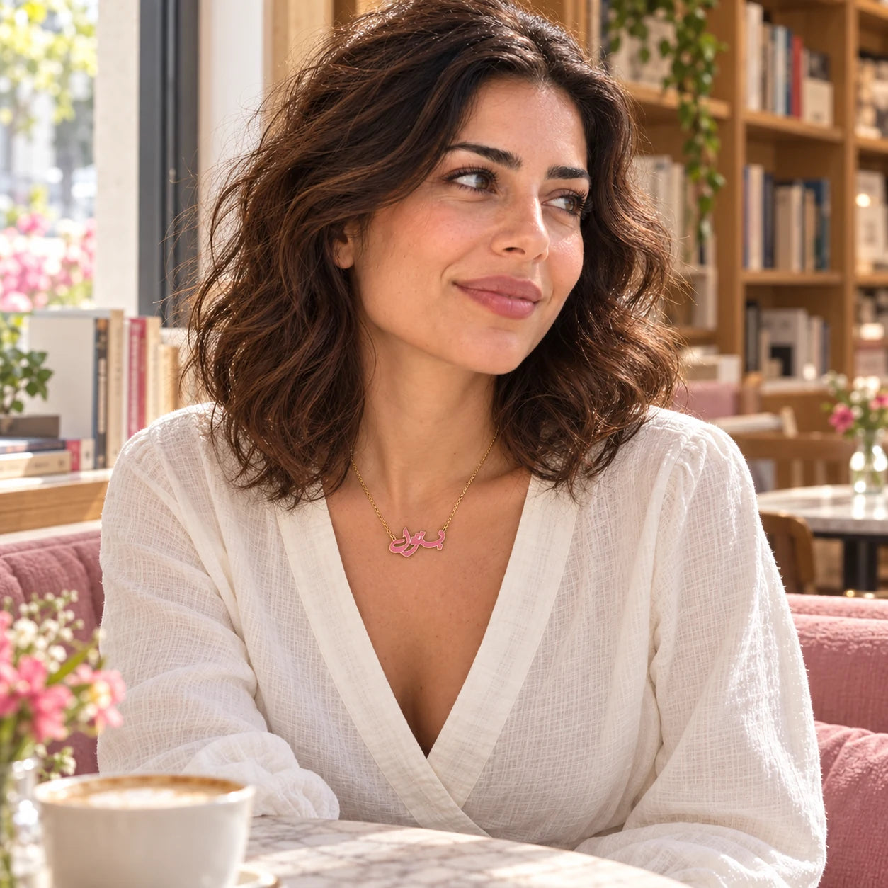 Arabic Name Enamel Necklace — worn in a natural lifestyle setting