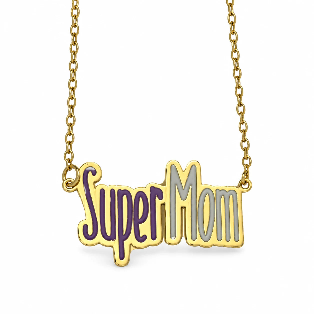 Super Mom Enamel Necklace — centred product with partial chain on white