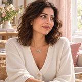 Super Mom Enamel Necklace — worn in a natural lifestyle setting