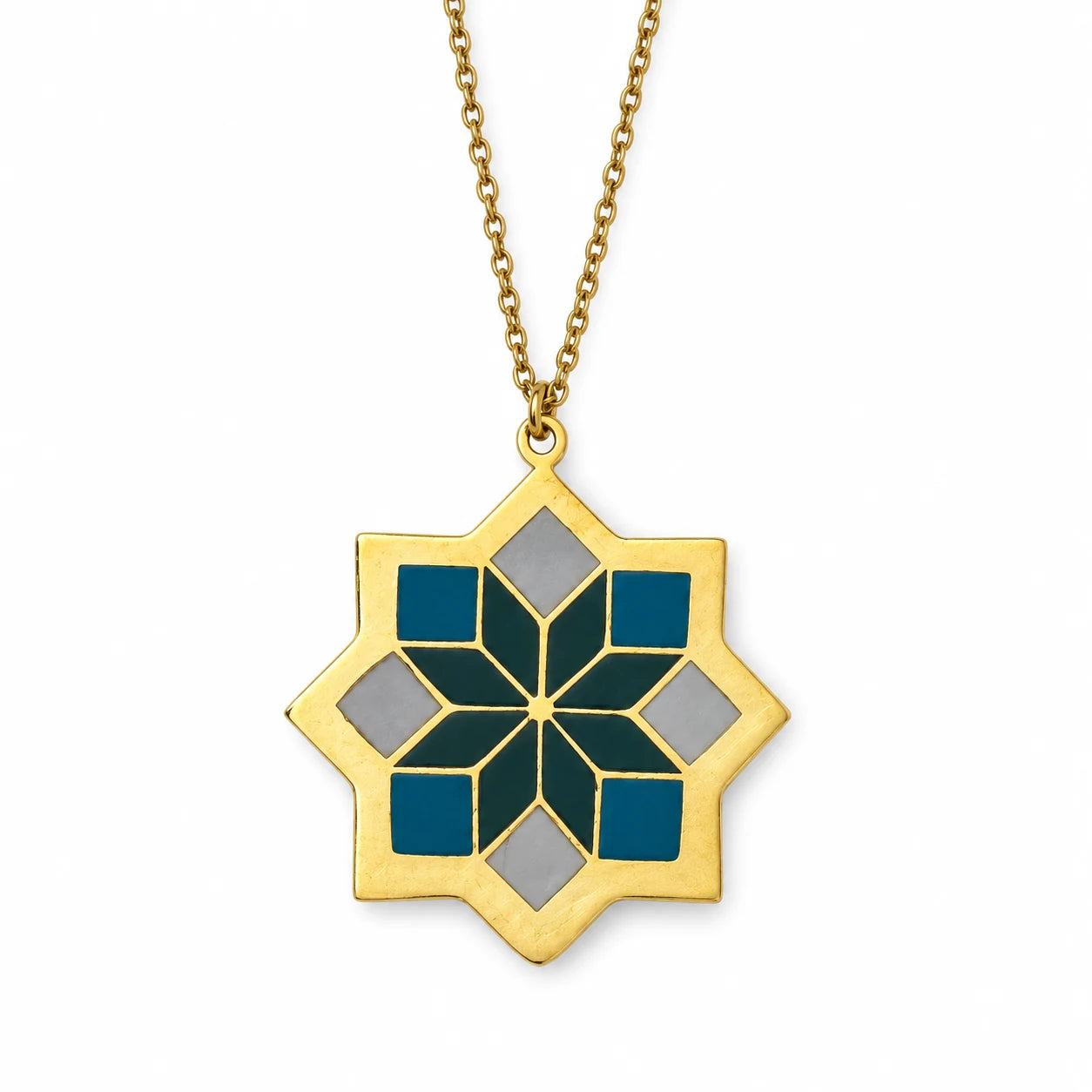 Oriental Flower Enamel Necklace – Teal & Grey — centred product with partial chain on white