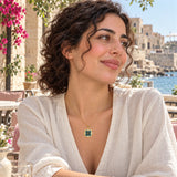 Oriental Flower Enamel Necklace – Teal & Grey — worn in a natural lifestyle setting