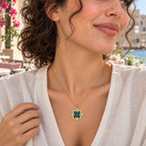 Oriental Flower Enamel Necklace – Teal & Grey — close-up with the same model, outfit and setting