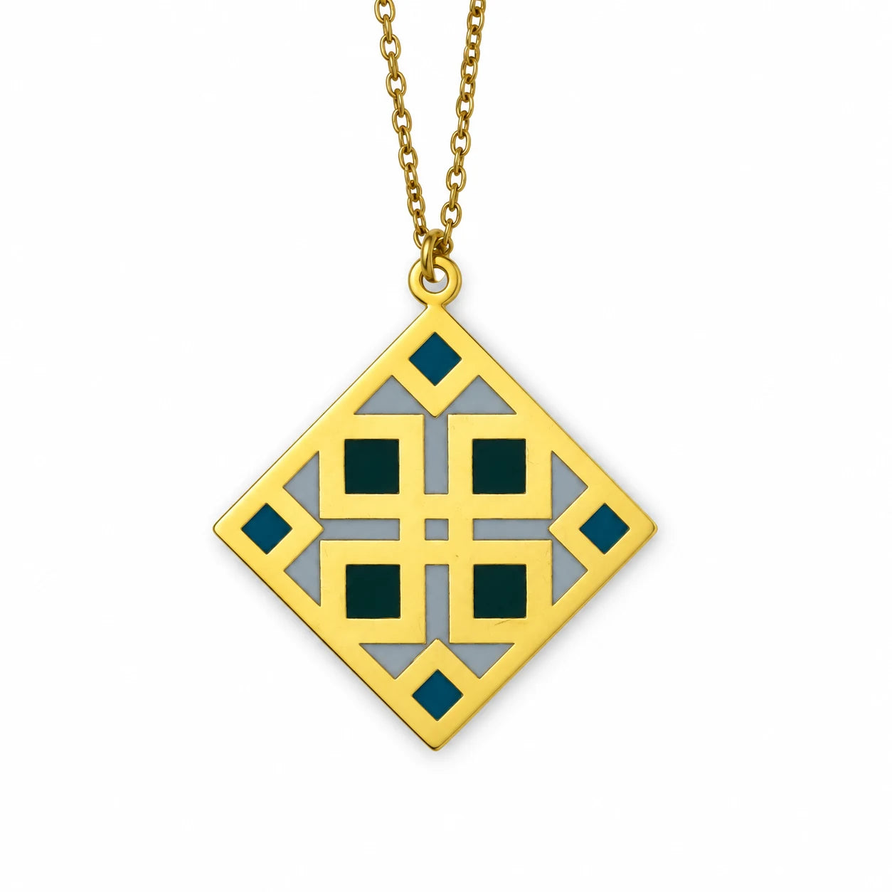 Oriental Square Enamel Necklace — centred product with partial chain on white