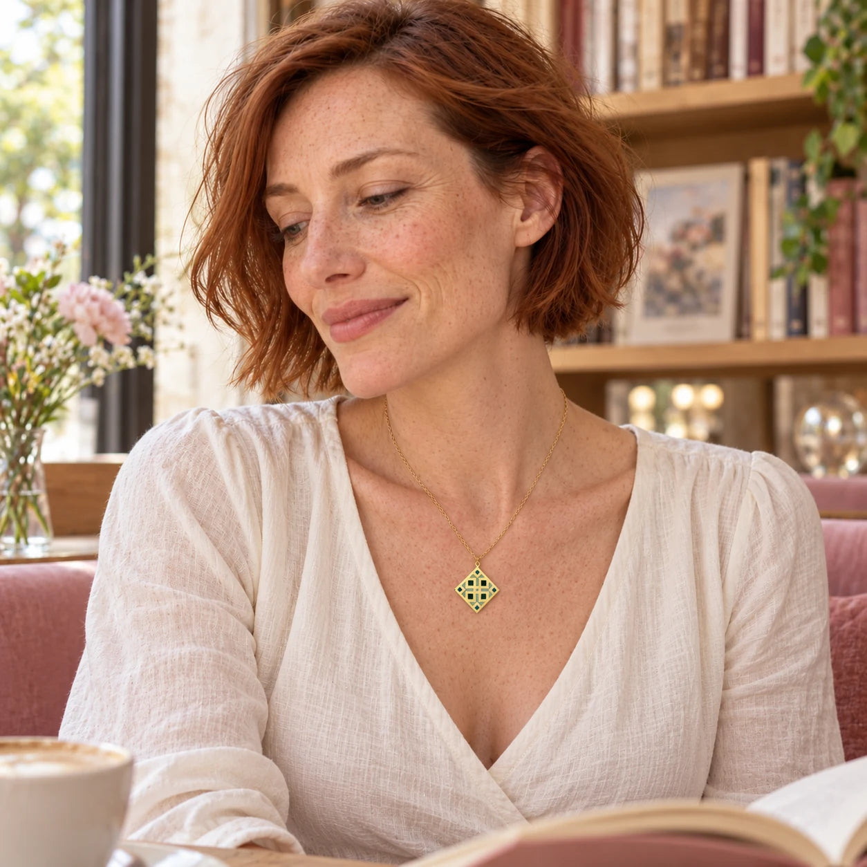 Oriental Square Enamel Necklace — worn in a natural lifestyle setting