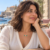 Hearts Enamel Necklace — worn in a natural lifestyle setting