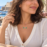 Hearts Enamel Necklace — close-up with the same model, outfit and setting