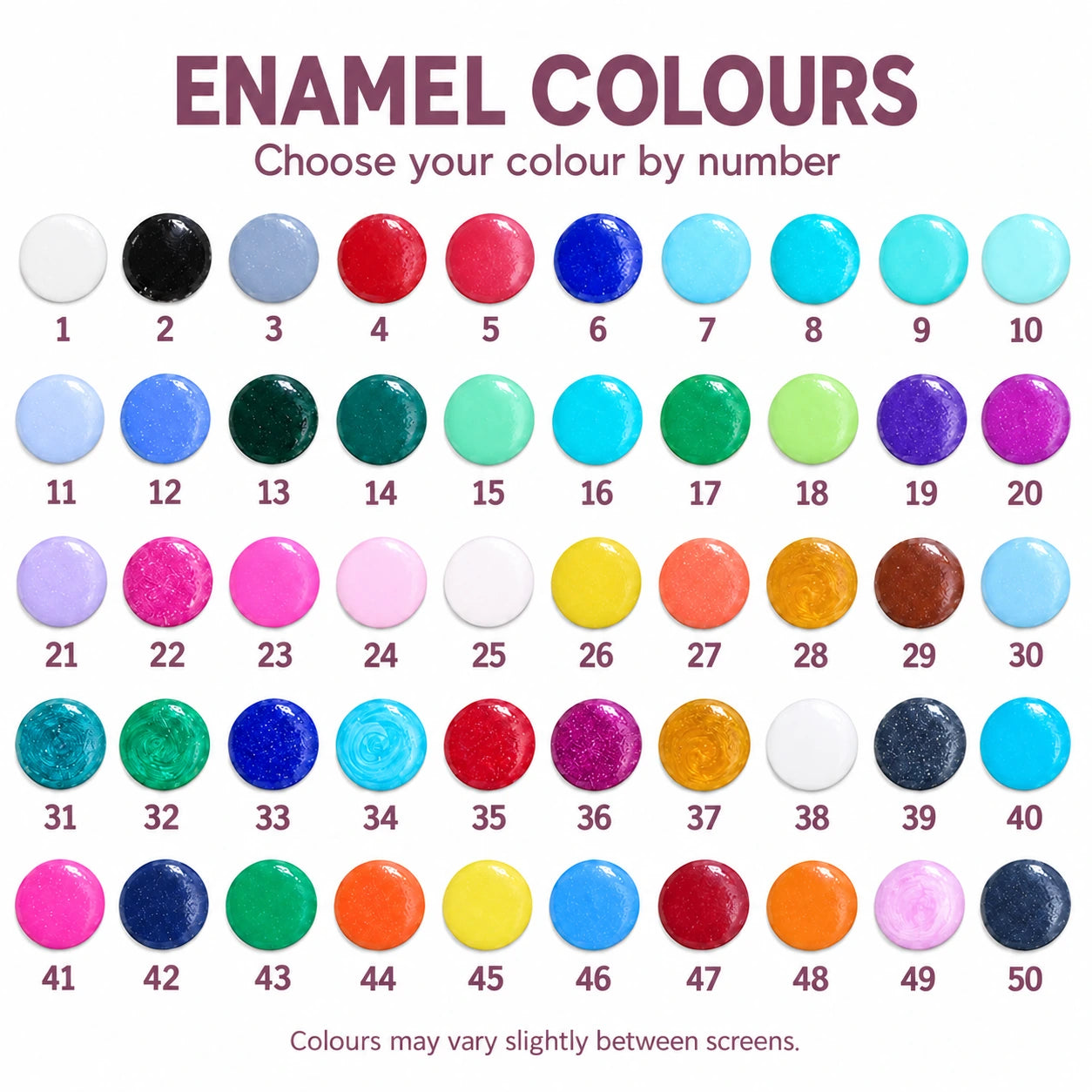 Trendella enamel colour chart with 50 numbered colour options