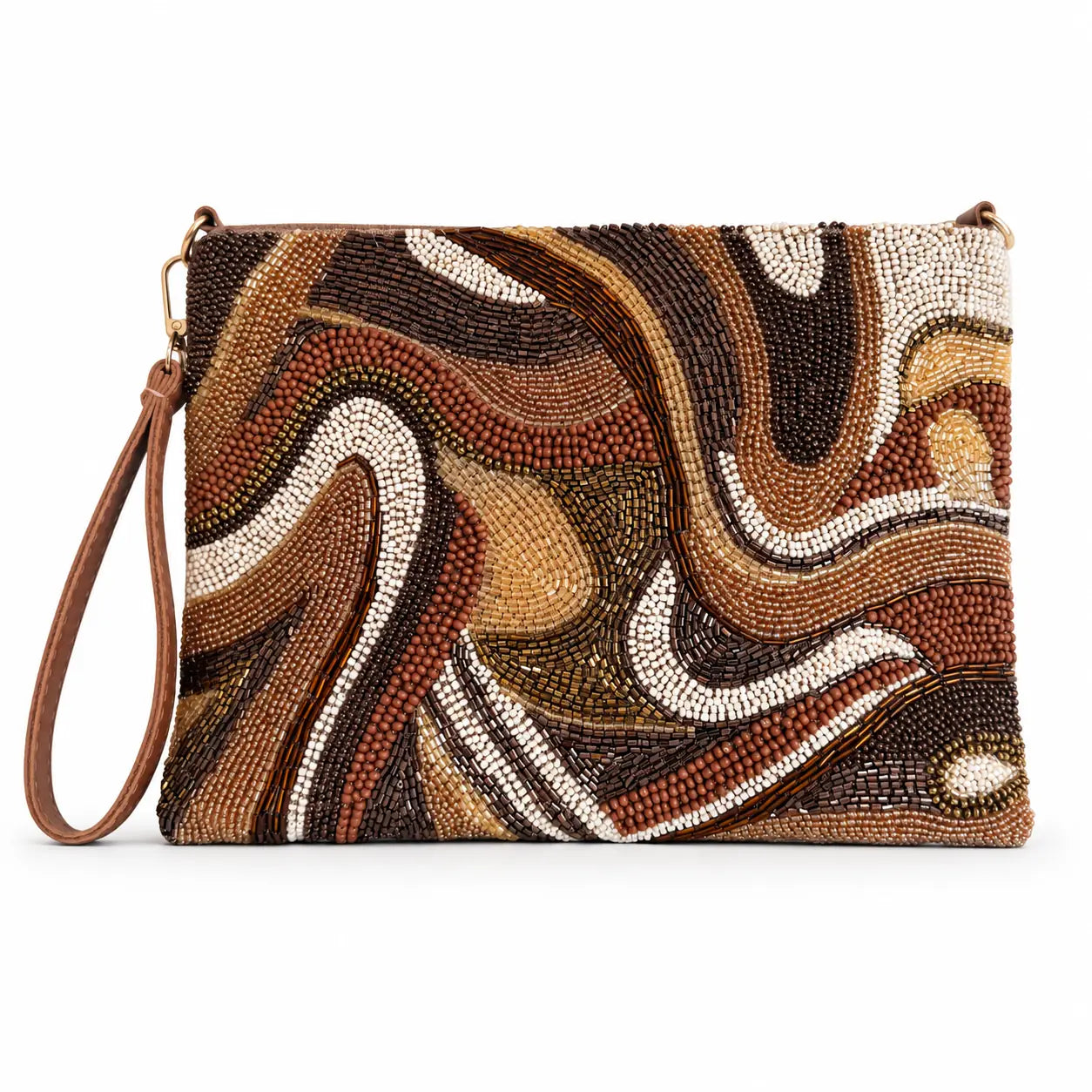 Sandy beaded clutch with brown, bronze, cream and gold wave pattern on white.